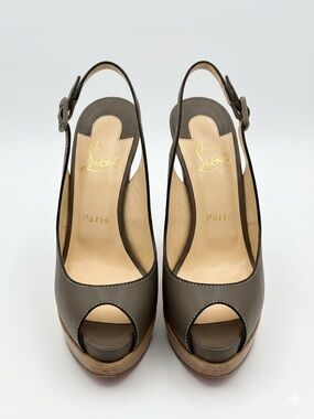 Christian Louboutin Taupe Leather Peep-Toe Slingback Platform Heels